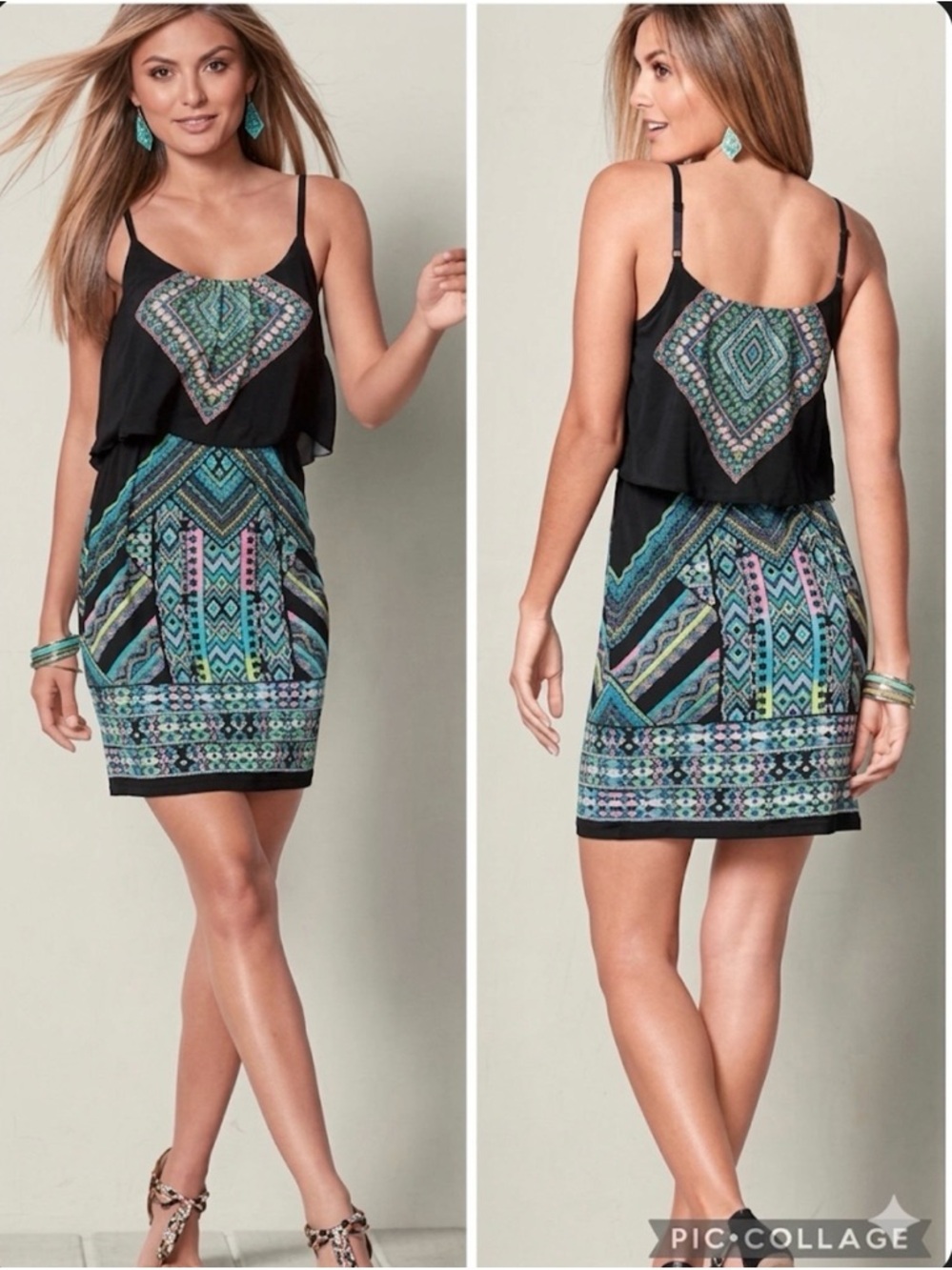 Venus Dress Mini Black Turquoise Tiered Sleeveless Pencil M Festival Cocktail